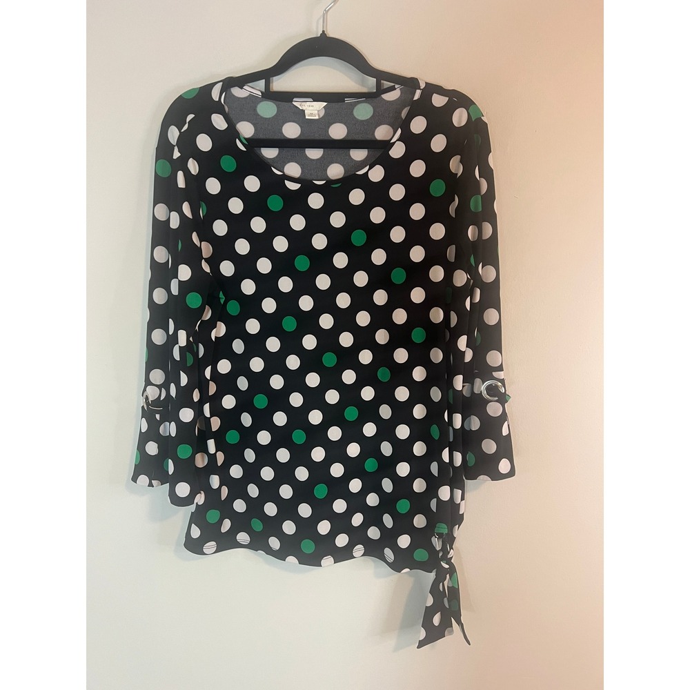 Est. 1946 Women Black Green Polka Dot Side Tie Grommet Sleeve Top Medium
